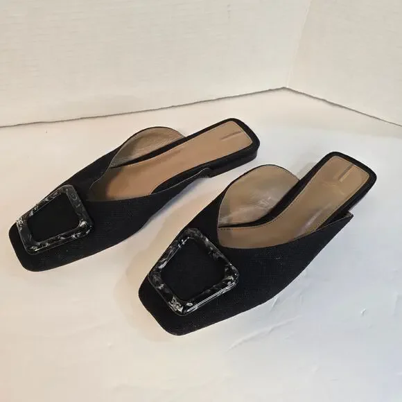 SAM EDELMAN LAVINA MULE LINEN BUCKLE FLATS, SIZE 9 - Picture 2 of 7